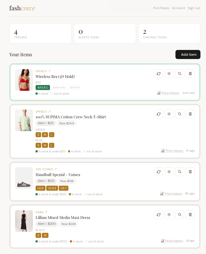 FashCrave app dashboard showing tracked items with multi-colour and size rows