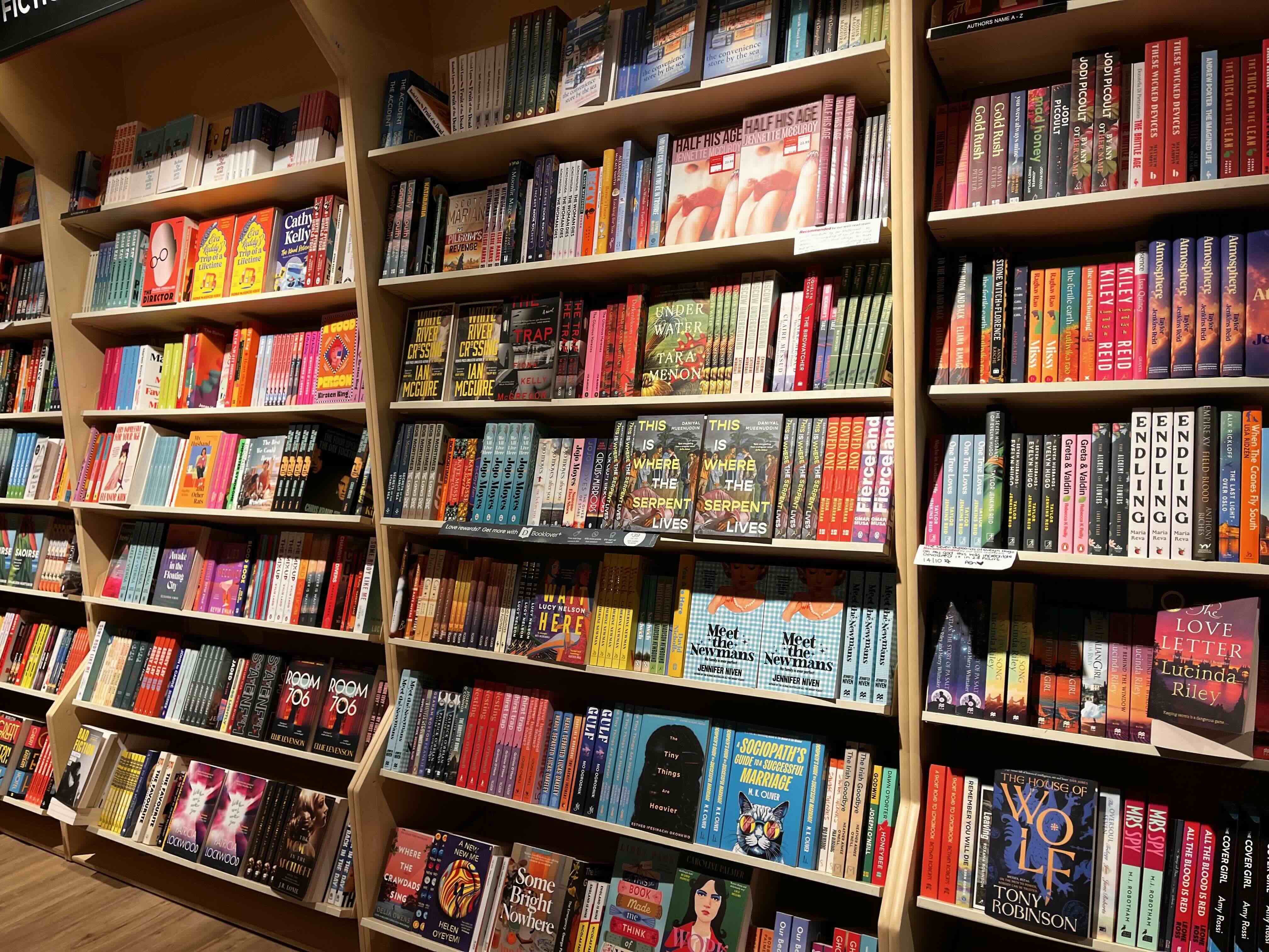 Bookshop shelves packed with hundreds of books